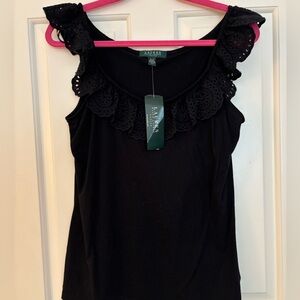 NWT Lauren Ralph Lauren Black Eyelet Ruffle Top
